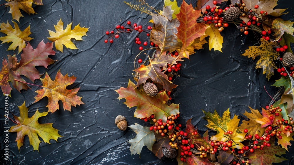 Poster autumn wreath with red berries and colorful leaves on dark background
