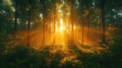 Fototapeta premium Morning forest illuminated by ethereal misty light through lush leaves creating gentle gradients, ideal for wellness retreat promotions and editorial illustrations.