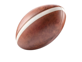 A classic brown rugby ball with white stripes, perfect for showcasing the spirit of teamwork and athleticism in sports photography.