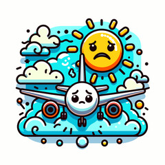 Cute cartoon airplane flying with sad sun and clouds.