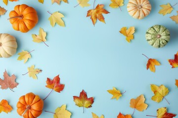 Fototapeta premium Autumnal Pumpkins and Maple Leaves on a Light Blue Background
