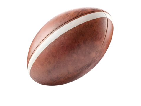 A classic brown rugby ball with white stripes, perfect for showcasing the spirit of teamwork and athleticism in sports photography.