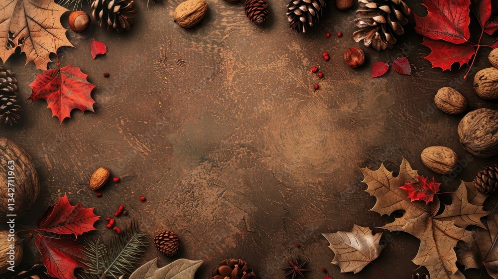 Poster autumnal still life with red and brown leaves pine cones and nuts on dark rustic background