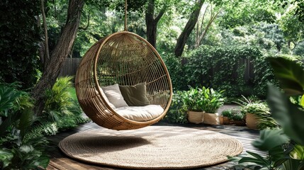 Wicker Swing Chair in Lush Tropical Garden