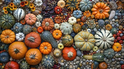 Colorful Pumpkins and Gourds Autumn Harvest Background