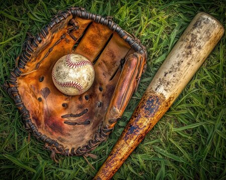 A worn baseball glove and a wooden bat rest on a lush green lawn, with a white baseball nestled nearby, creating a nostalgic scene of a sunny day in the park.