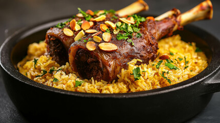 Delicious lamb shanks served over fragrant saffron rice with nuts and herbs on dark background