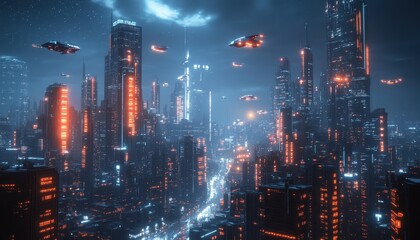 Fototapeta premium Futuristic Cityscape at Night with Flying Spaceships