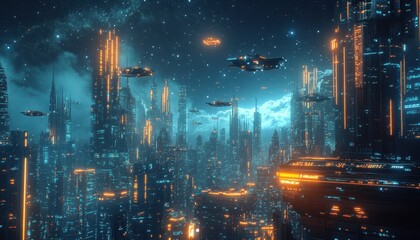Fototapeta premium Futuristic Cityscape at Night with Glowing Spaceships
