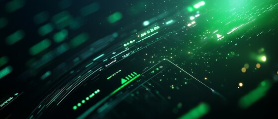 A futuristic digital landscape featuring glowing green data patterns and particles, suggesting technology and innovation.
