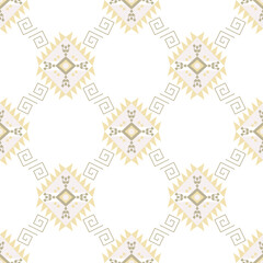 Yellow and brown damask seamless pattern with abstract geometric ornament. Repeating background texture. Design for rugs, carpets, tiles, pottery, curtains, and wallpaper.