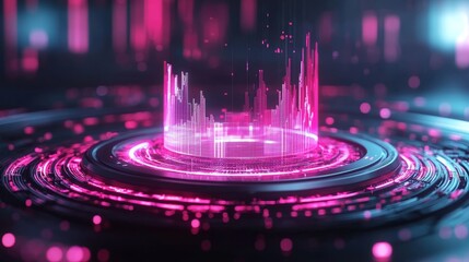A vibrant, abstract digital visualization featuring pulsating pink data waves emanating from a circular base, symbolizing technology and innovation.