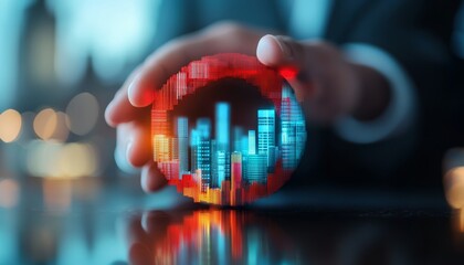 A hand holds a glowing sphere displaying a digital cityscape, symbolizing technology and innovation in urban development.