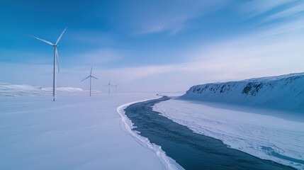 Fototapeta premium Serene Winter Landscape with Wind Turbines and Frozen River in Arctic Environment