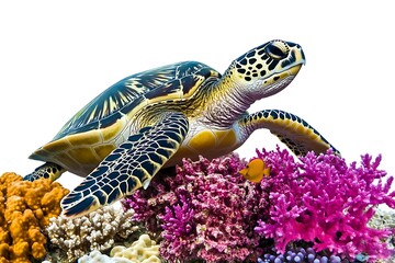 Obraz premium Sea turtle resting on colorful coral reef with fish, isolated on white, for nature visuals