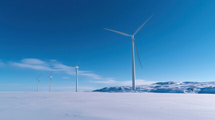 Fototapeta premium Wind Turbines on Snowy Landscape under Clear Blue Sky