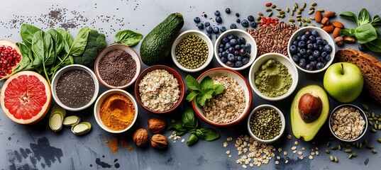 Naklejka premium Overhead View of Colorful Healthy Food Ingredients