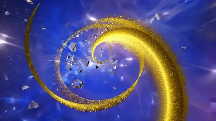 A captivating abstract design featuring swirling golden lines and shattered diamonds against a deep blue backdrop. - Powered by Adobe