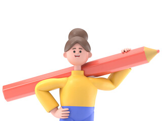 3D illustration of Asian woman Angela holding a big pencil. Transparent Background Mockup. Supports PNG files with transparent backgrounds.