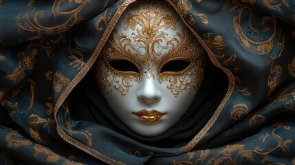 Ornate gold and white Venetian mask with feathers, close-up. Ideal for costume blogs, travel websites (Venice Carnival), and articles on masquerade and cultural events.