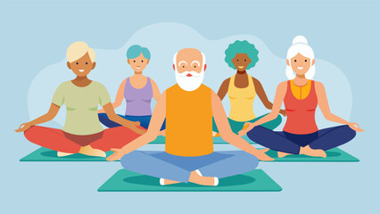 A group of seniors sitting on yoga mats stretching their bodies and minds as they follow a guided meditation focused on relaxation and stress relief.. Vector illustration