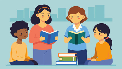 Fototapeta premium Students taking turns reading aloud from a book of short stories passing it from one to the other as they wait for the teacher to begin the lesson.. Vector illustration