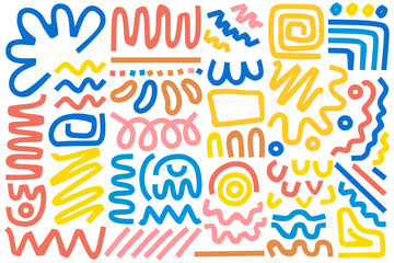 Doodle art vector illustration. Composition of various geometric shapes, circles, arrows, curves, wavy lines, and fun, creative decorative symbols for graphic backgrounds, designs, and decorations.