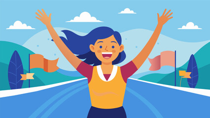 A determined boomer woman with her arms raised in triumph crosses the finish line as the crowd cheers her on.. Vector illustration