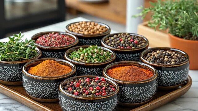 Aromatic Spice Collection: Diverse Culinary Herbs and Spices in Stylish Bowls