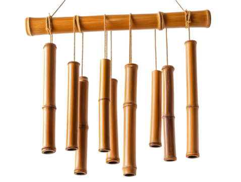 Beautiful bamboo wind chimes hanging gracefully, creating soothing sounds with each gentle breeze in a serene outdoor setting.