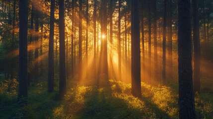 Fototapeta premium Beautiful golden sunset illuminating tranquil pine forest landscape