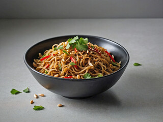 A bowl of stir-fried noodles, perfectly coated in a glossy soy and garlic sauce