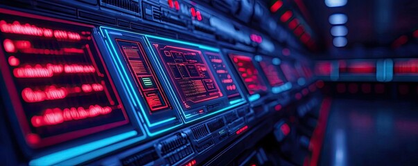 Obraz premium Cybersecurity cyberspace protection and network security concept. Futuristic control panel with glowing blue and red lights.