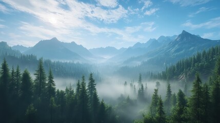 Naklejka premium A mountain range with a foggy mist