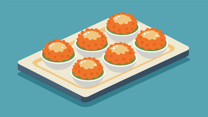 A tray of mini crab cakes served with a zesty tartar sauce for a seafood appetizer that requires minimal effort.. Vector illustration