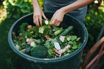 Gardener composting organic waste in backyard compost bin