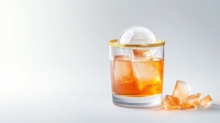 A sophisticated amber cocktail rests in a rocks glass adorned with a gold rim and a captivating bubble sphere hove above the ice cubes.