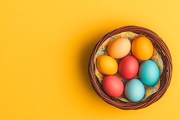 Colorful Easter Eggs in Basket for Yellow Background.