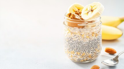 Delicious and healthy overnight oats in a mason jar topped with peanut butter and banana slices perfect for a quick and nutritious breakfast or snack.