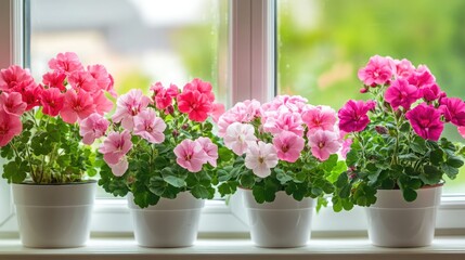 Obraz premium Lush Geranium Blooms Adorning Sunlit Windowsills