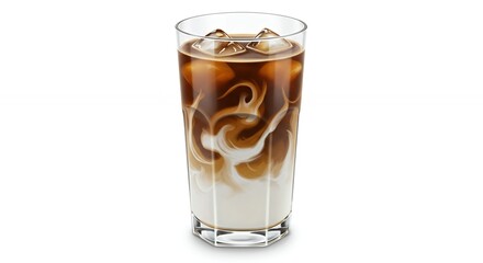 Iced Coffee swirling in glass with milk and ice cubes on white background