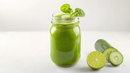 Refreshing green smoothie in mason jar with cucumber and lime slices garnished with spinach leaves on white background perfect for healthy lifestyle blog or recipe website.