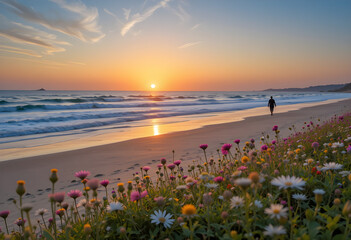 Beautiful beach sunset with flowers and person walking on the sand nature landscape photography