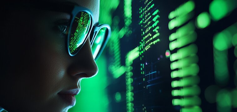 A close-up of a person wearing glasses, focused on green digital data displayed on a screen, suggesting themes of technology and data analysis.