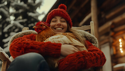 Woman in a cozy sweater holding a chicken while sitting on a chair outside a rustic cabin in winter