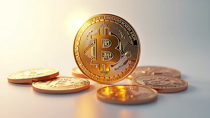 High-Resolution 3D Render of Bitcoin Coins on a White Background with Photorealistic Metallic Texture and Dynamic Lighting