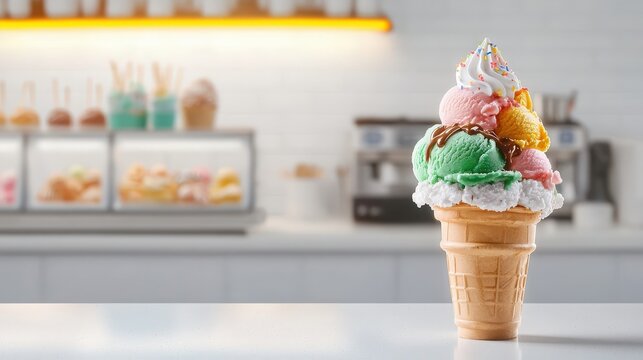 A delectable three-scoop ice cream cone with pistachio, strawberry, and chocolate sits on a counter in a brightly lit ice cream parlor showcasing various sweets in the background.