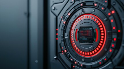 Cybersecurity network security and data protection concept. Close-up of a futuristic control panel with red lights.