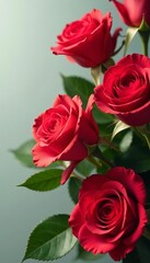 Fototapeta premium Beautiful close-up of colorful red roses with green leaves, freshness, garden, blooming