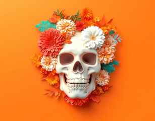 decorative skull adorned with vibrant flowers on orange background creates striking visual. This artistic piece blends elements of Halloween and floral design beautifully